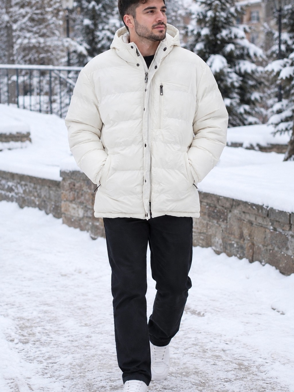 Men's Hooded Puffer Jacket in Off-White